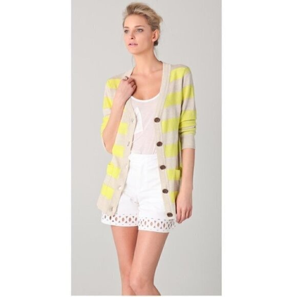 Milly New York Cardigan S Linen Stripe Button Luxury Spring Natural Lemon Yellow - Picture 1 of 13